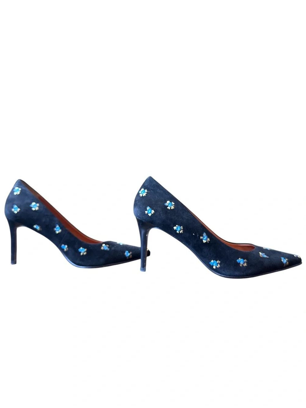 Coach Black Pointed-Toe Stiletto Pumps with Blue & Gold Floral Embroidery